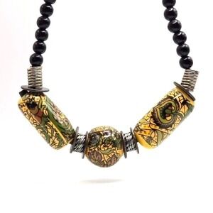 Vintage Handmade Chunky Ceramic Beaded Necklace Black Acrylic Industrial Accents